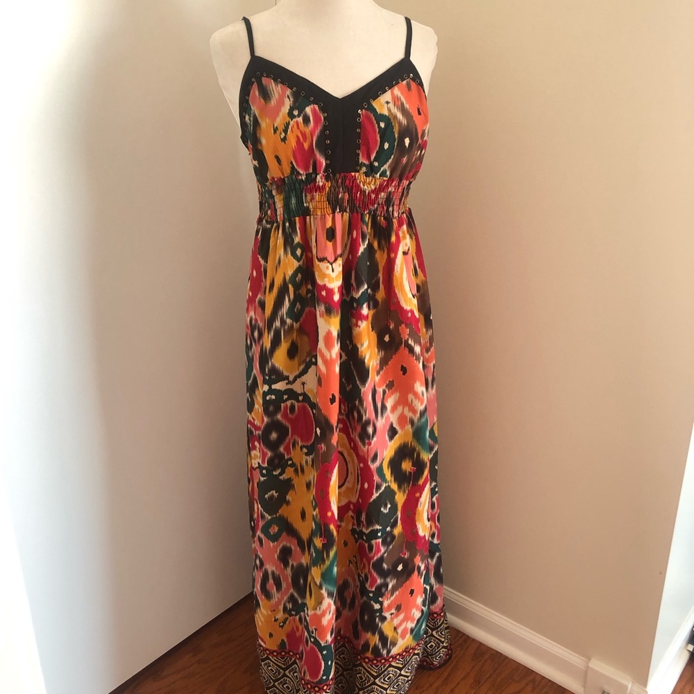 Angie Boho multicolor adjustable spaghetti strap Maxi Dress stretch empire waist